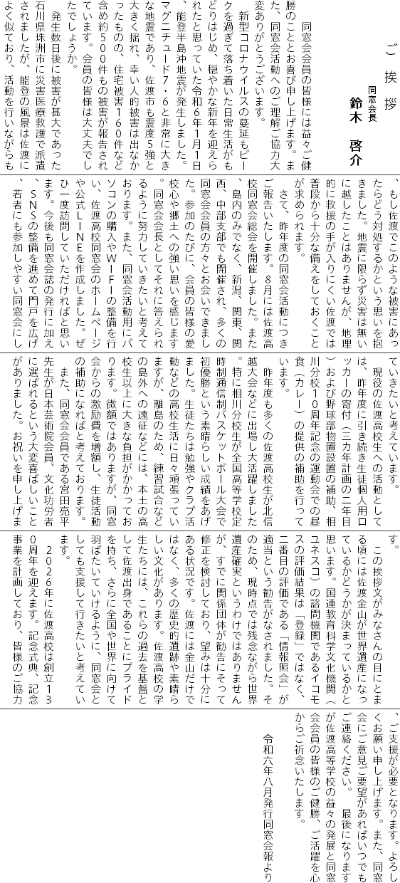 　　　　ご　挨　拶
　　　　　　　　同窓会長
　　　　　　　　　鈴木　啓介
　　　　　
　　　　　
　　同窓会会員の皆様には益々ご健勝のこととお喜び申し上げます。また、同窓会活動へのご理解ご協力大変ありがとうございます。
　新型コロナウイルスの蔓延もピークを過ぎて落ち着いた日常生活がもどりはじめ、穏やかな新年を迎えられたと思っていた令和６年１月１日、能登半島沖地震が発生しました。マグニチュード７・６と非常に大きな地震であり、佐渡市も震度５強と大きく揺れ、幸い人的被害は出なかったものの、住宅被害１６０件など含め約５００件もの被害が報告されています。会員の皆様は大丈夫でしたでしょうか。
　発生数日後に被害が甚大であった石川県珠洲市に災害医療救護で派遣されましたが、能登の風景は佐渡によく似ており、活動を行いながらも、もし佐渡でこのような被害にあったらどう対処するかという思いを抱きました。地震に限らず災害は無いに越したことはありませんが、地理的に救援の手が入りにくい佐渡では普段から十分な備えをしておくことが求められます。
　さて、昨年度の同窓会活動につきご報告いたします。８月には佐渡高校同窓会総会を開催しました。また、島内のみでなく、新潟、関東、関西、中部支部でも開催され、多くの同窓会会員の方々とお会いできました。参加のたびに、会員の皆様の愛校心や郷土への強い思いを感じます。同窓会会長としてそれに答えられるように努力していきたいと考えております。また、同窓会活動用にパソコンの購入やＷＩＦＩの整備を行い、佐渡高校同窓会のホームページや公式ＬＩＮＥを作成しました。ぜひ一度訪問していただければと思います。今後も同窓会誌の発行に加え、ＳＮＳの整備を進めて門戸を広げ、若者にも参加しやすい同窓会にしていきたいと考えています。
　現役の佐渡高校生への活動としては、昨年度に引き続き生徒個人用ロッカーの寄付（三カ年計画の二年目）および野球部物置設置の補助、相川分校１０周年記念の運動会での昼食（カレー）の提供の補助を行っています。
　昨年度も多くの佐渡高校生が北信越大会などに出場し大活躍しました。特に相川分校生が全国高等学校定時制通信制バスケットボール大会で初優勝という素晴らしい成績をあげました。生徒たちは勉強やクラブ活動などの高校生活に日々頑張っていますが、離島のため、練習試合などの島外への遠征などには、本土の高校生以上に大きな負担がかかっております。微額ではありますが、同窓会からの激励費を増額し、生徒活動の補助になればと考えております。
　また、同窓会会員である宮田亮平先生が日本芸術院会員、文化功労者に選ばれるという大変喜ばしいことがありました。お祝いを申し上げます。
　この挨拶文がみなさんの目にとまる頃には佐渡金山が世界遺産になっているかどうかが決まっているかと思います。国連教育科学文化機関（ユネスコ）の諮問機関であるイコモスの評価結果は「登録」ではなく、二番目の評価である「情報照会」が適当という勧告がなされました。そのため、現時点では残念ながら世界遺産確実というわけではありませんが、すでに関係団体が勧告にそって修正を検討しており、望みは十分にある状況です。佐渡には金山だけではなく、多くの歴史的遺跡や素晴らしい文化があります。佐渡高校の学生たちには、これらの過去を基盤として佐渡出身であることにプライドを持ち、さらに全国や世界に向けて羽ばたいていけるように、同窓会としても支援して行きたいと考えています。
　２０２６年に佐渡高校は創立１３０周年を迎えます。記念式典、記念事業を計画しており、皆様のご協力、ご支援が必要となります。よろしくお願い申し上げます。また、同窓会にご意見ご要望があればいつでもご連絡ください。　最後になりますが佐渡高等学校の益々の発展と同窓会会員の皆様のご健勝、ご活躍を心からご祈念いたします。

　　令和六年八月発行同窓会報より